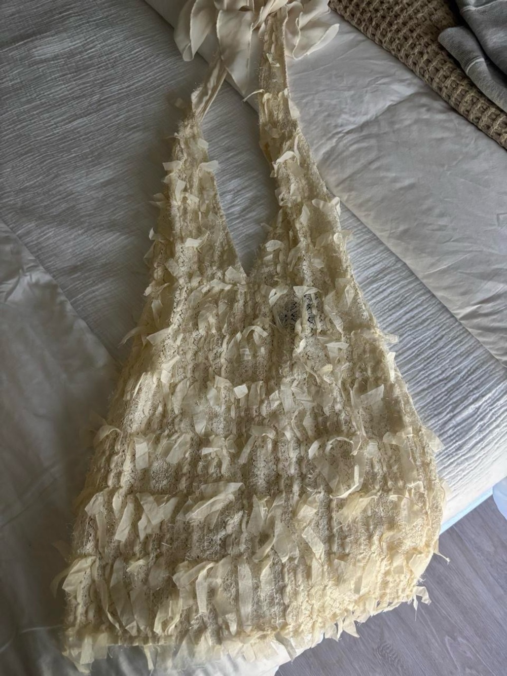 EGO Cream Fringe Halter Mini Dress
